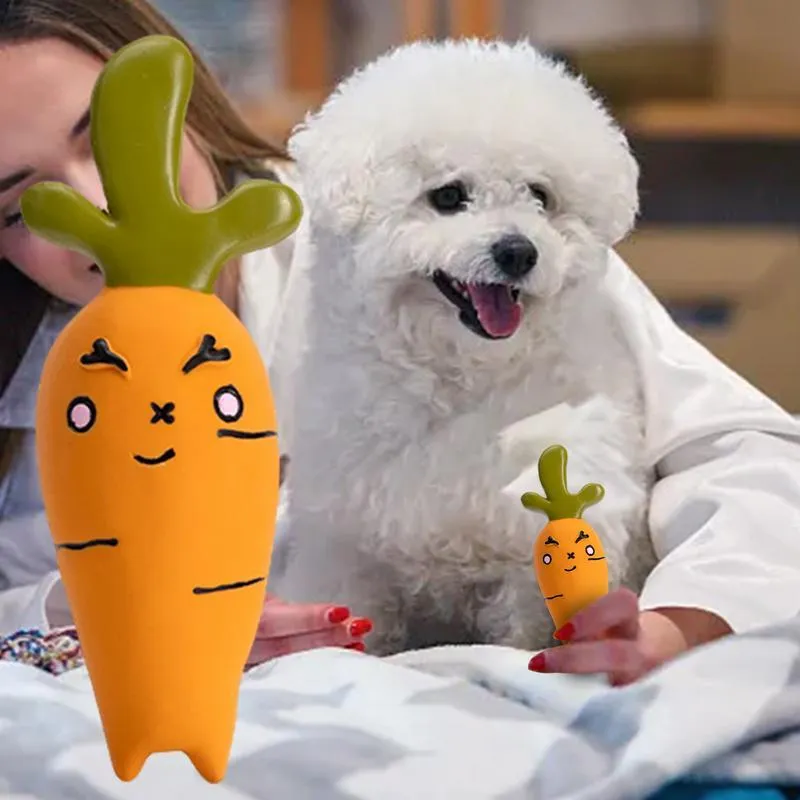 Latex cartoon vegetable dog chew toy shaped like an onion and eggplant in green, orange, or purple.