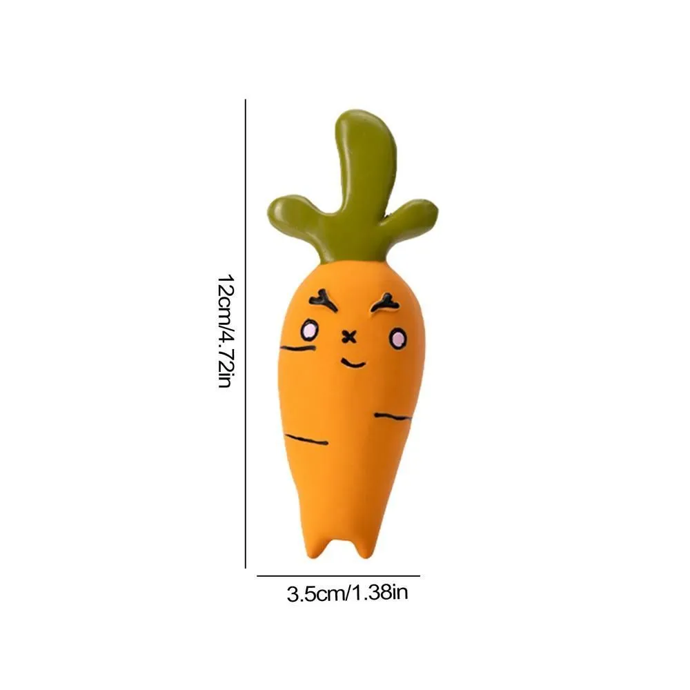 Latex cartoon vegetable dog chew toy shaped like an onion and eggplant in green, orange, or purple.