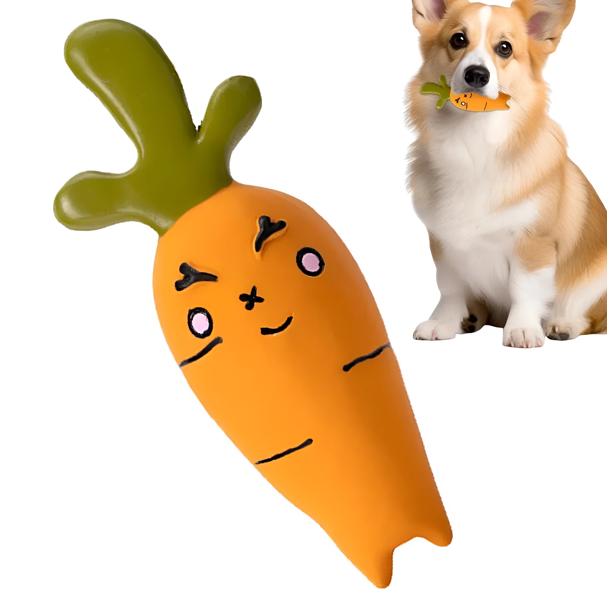Latex cartoon vegetable dog chew toy shaped like an onion and eggplant in green, orange, or purple.