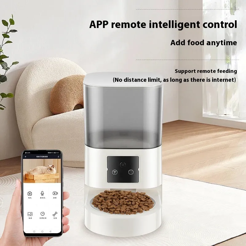 White automatic pet feeder with single bowl and button control for cats and dogs