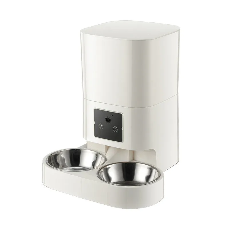 White automatic pet feeder with single bowl and button control for cats and dogs