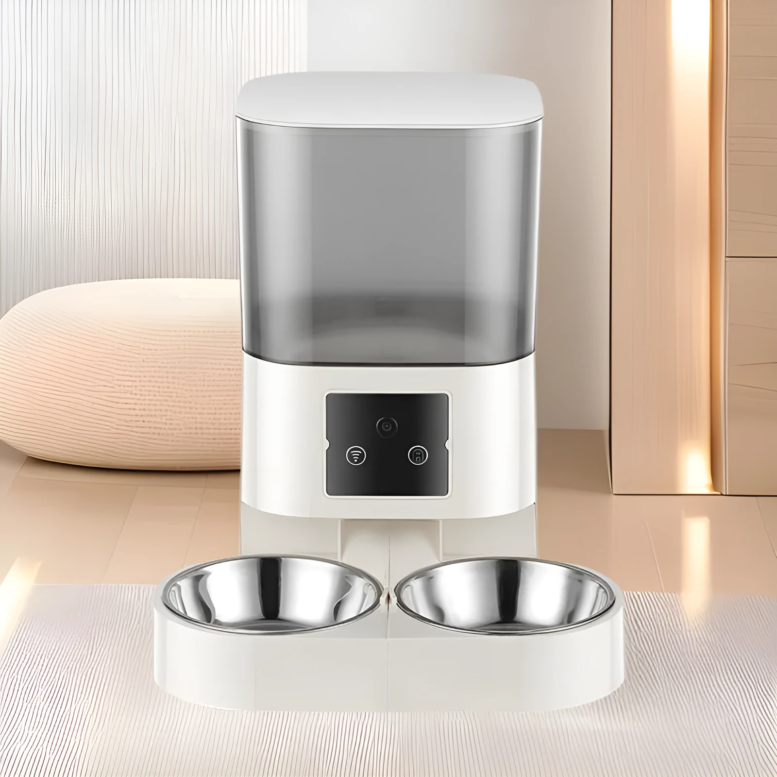 White automatic pet feeder with single bowl and button control for cats and dogs