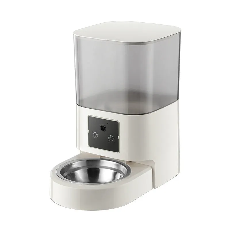 White automatic pet feeder with single bowl and button control for cats and dogs