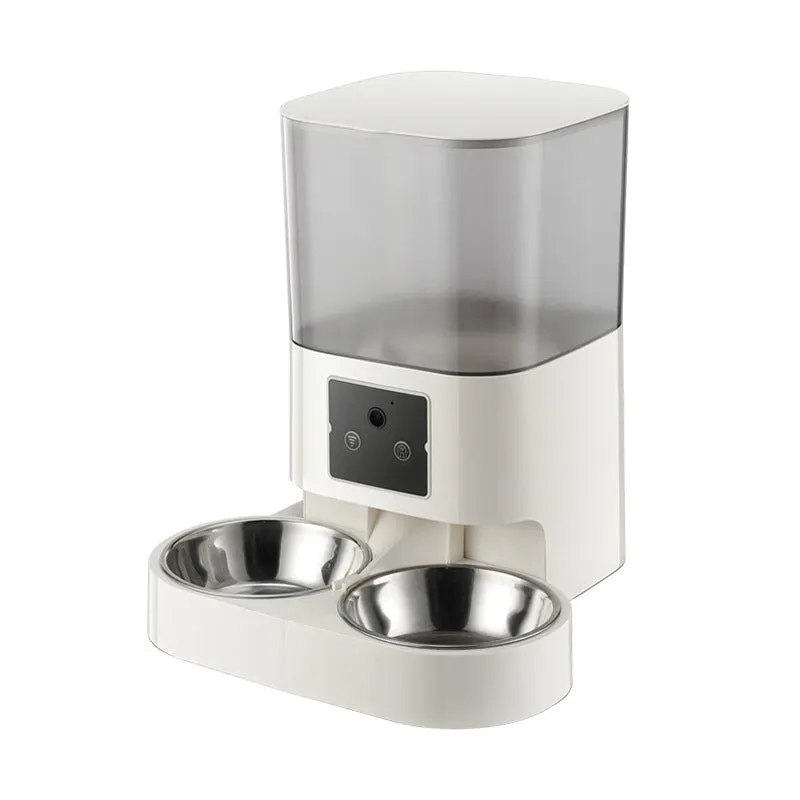 White automatic pet feeder with single bowl and button control for cats and dogs