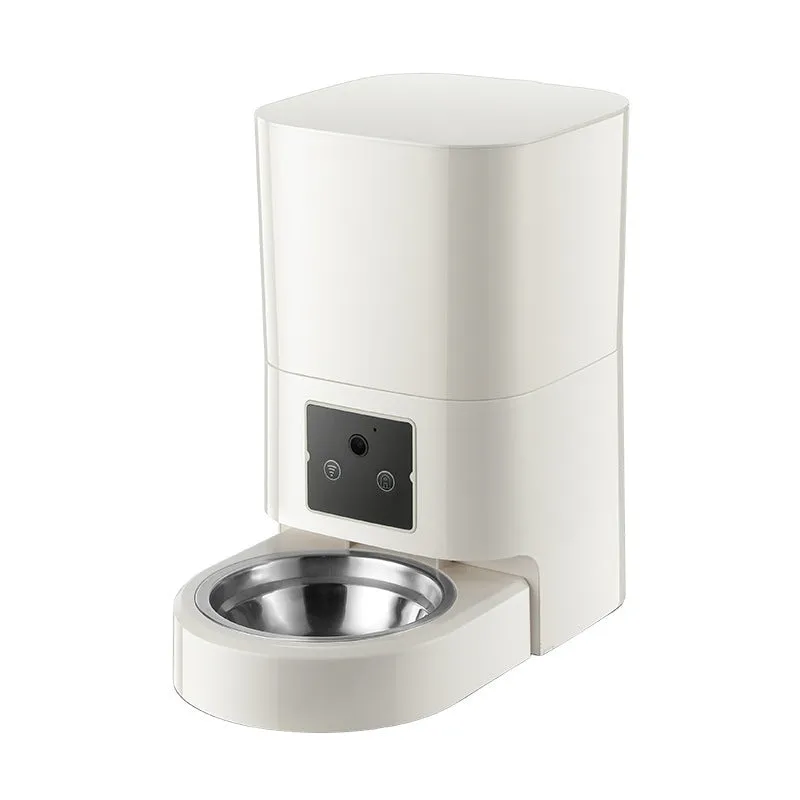 White automatic pet feeder with single bowl and button control for cats and dogs