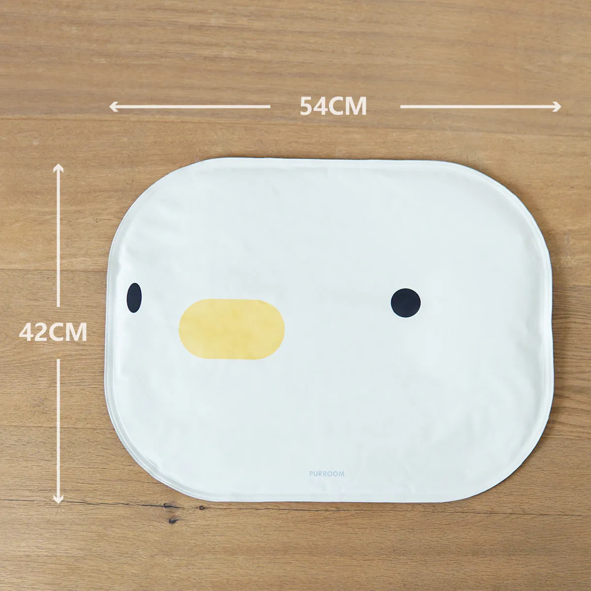Washable chick-shaped pet cooling mat with non-stick surface next to an oval-shaped option.
