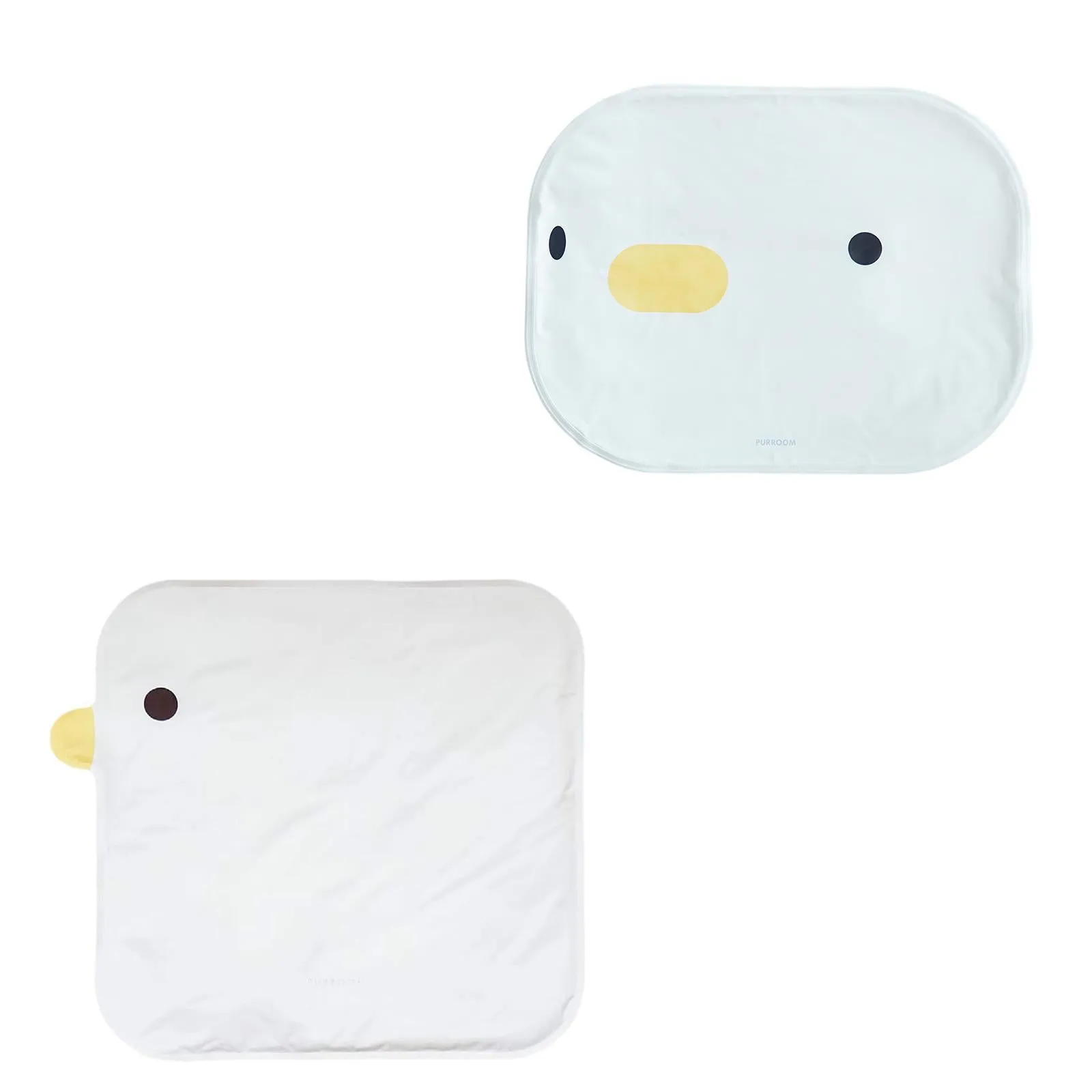 Washable chick-shaped pet cooling mat with non-stick surface next to an oval-shaped option.