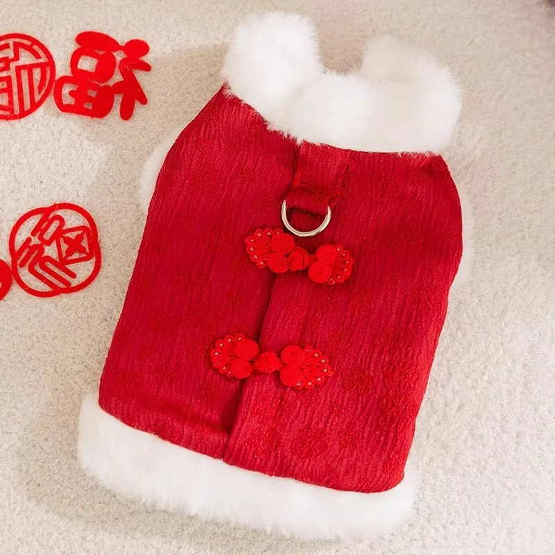 Red Chinese-style thermal cotton dog outfit for small breeds with festive New Year design
