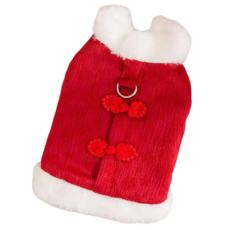 Red Chinese-style thermal cotton dog outfit for small breeds with festive New Year design