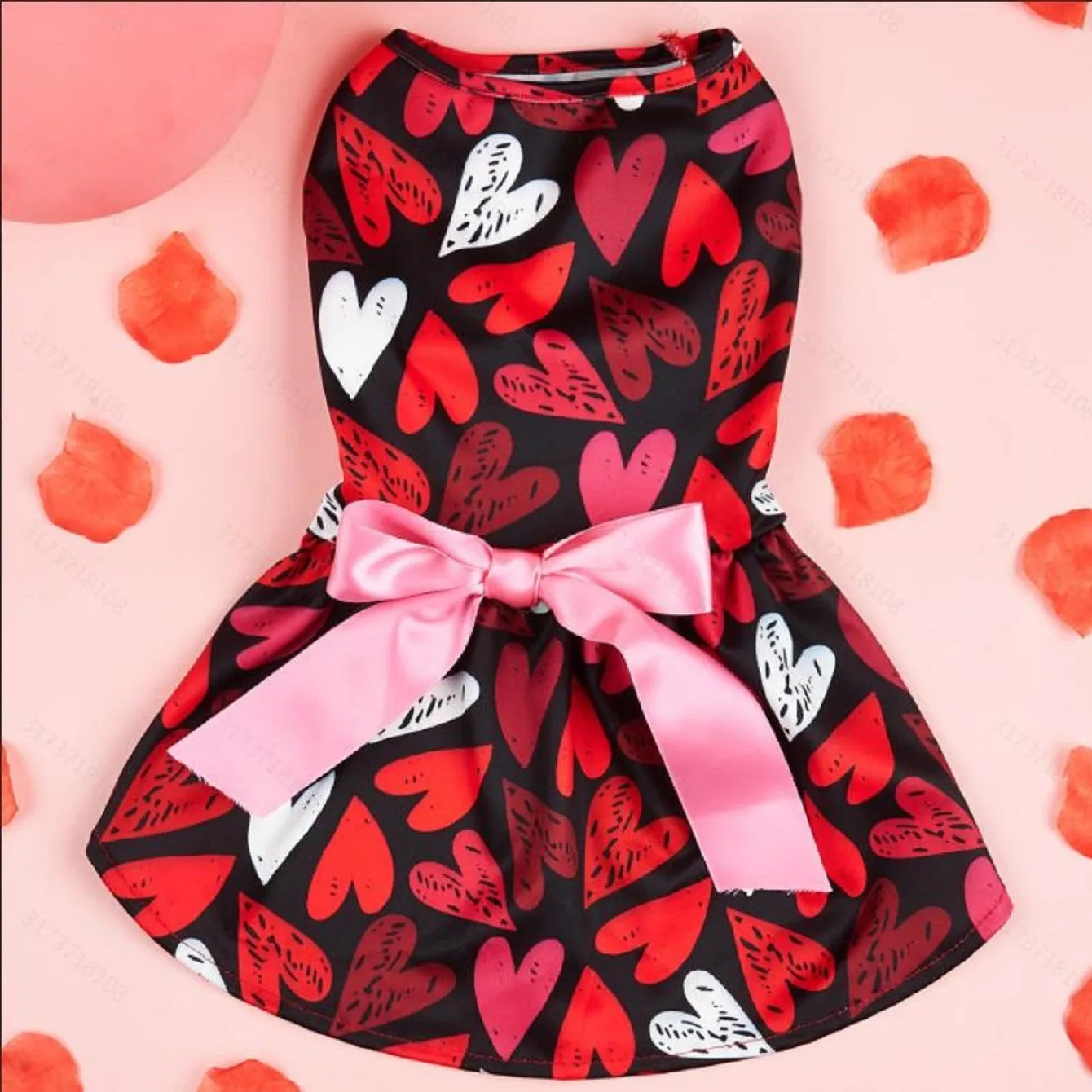 Pet dog or cat wearing full printed Valentine's Day love dress in white, polyester princess style, side view