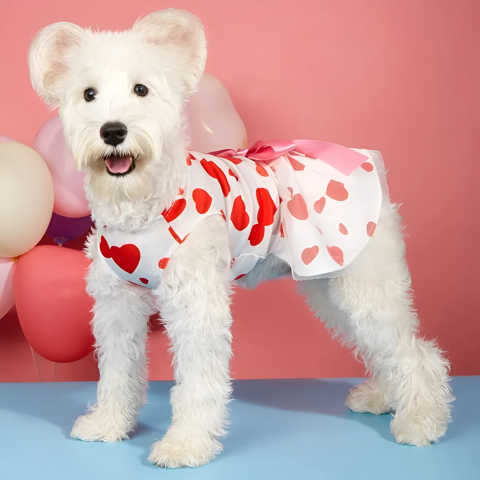 Pet dog or cat wearing full printed Valentine's Day love dress in white, polyester princess style, side view