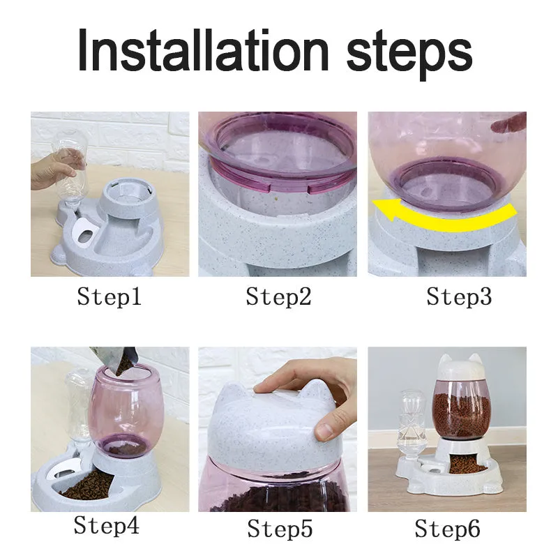 Automatic pet feeder drinking fountain with grey colour, 528ml water bottle and 2.21L bucket, 26cm length
