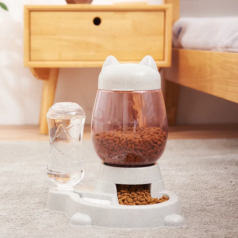 Automatic pet feeder drinking fountain with grey colour, 528ml water bottle and 2.21L bucket, 26cm length