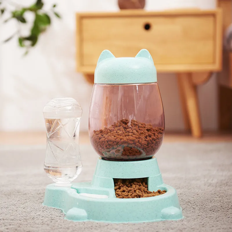 Automatic pet feeder drinking fountain with grey colour, 528ml water bottle and 2.21L bucket, 26cm length
