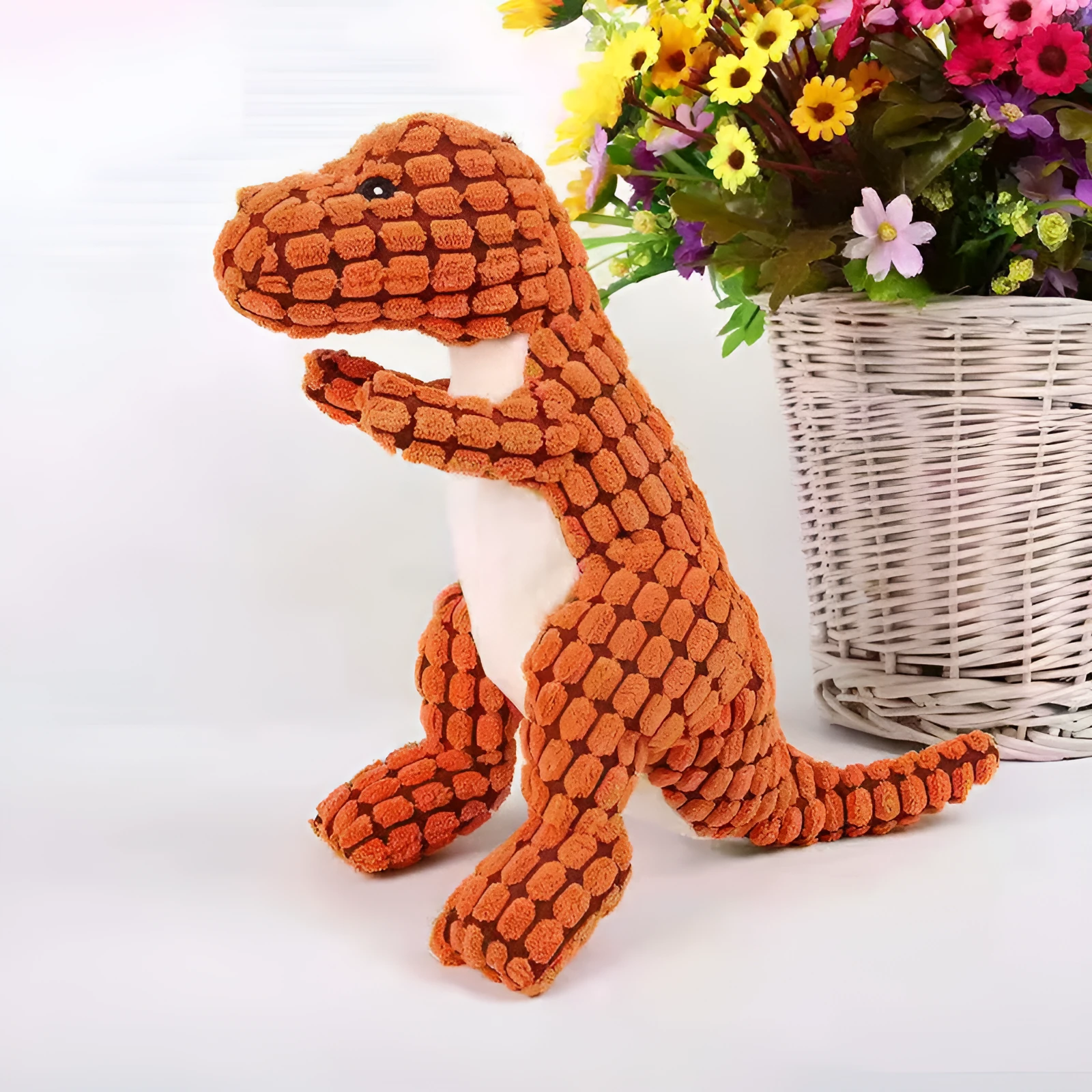 Green dinosaur plush dog toy with squeaker, soft fabric, 20 cm length