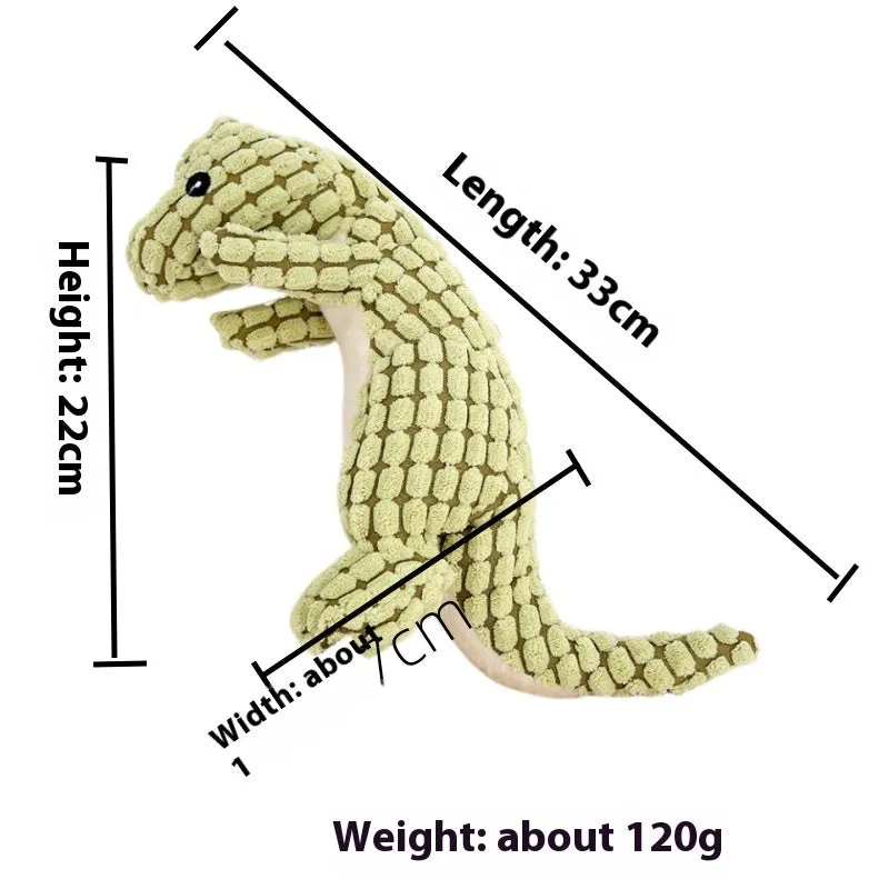 Green dinosaur plush dog toy with squeaker, soft fabric, 20 cm length