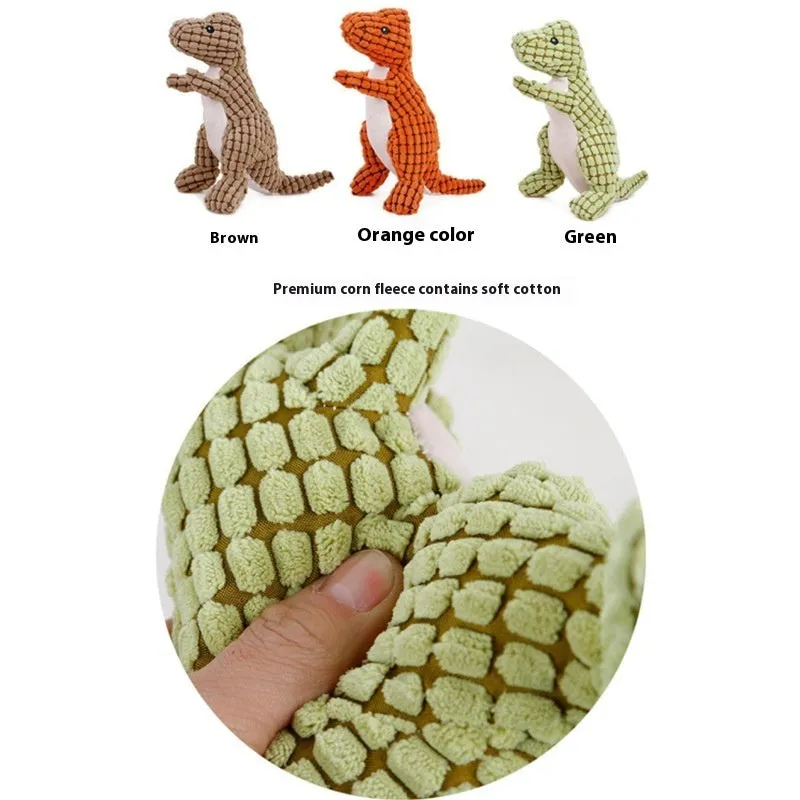 Green dinosaur plush dog toy with squeaker, soft fabric, 20 cm length