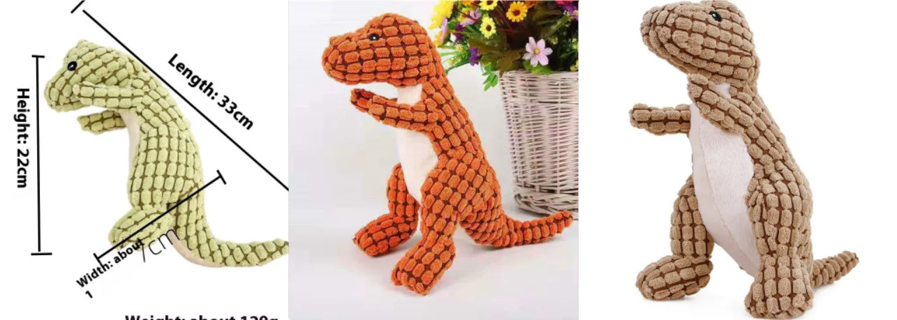 Green dinosaur plush dog toy with squeaker, soft fabric, 20 cm length