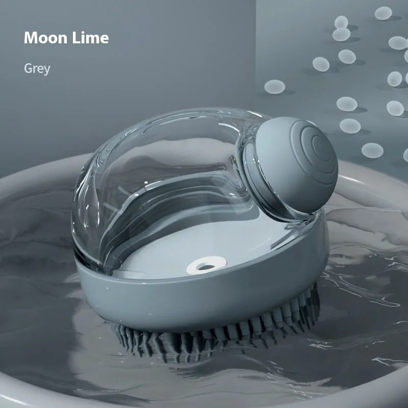 Pet bath silicone brush with liquid dispensing in Moonstone Gray for dogs