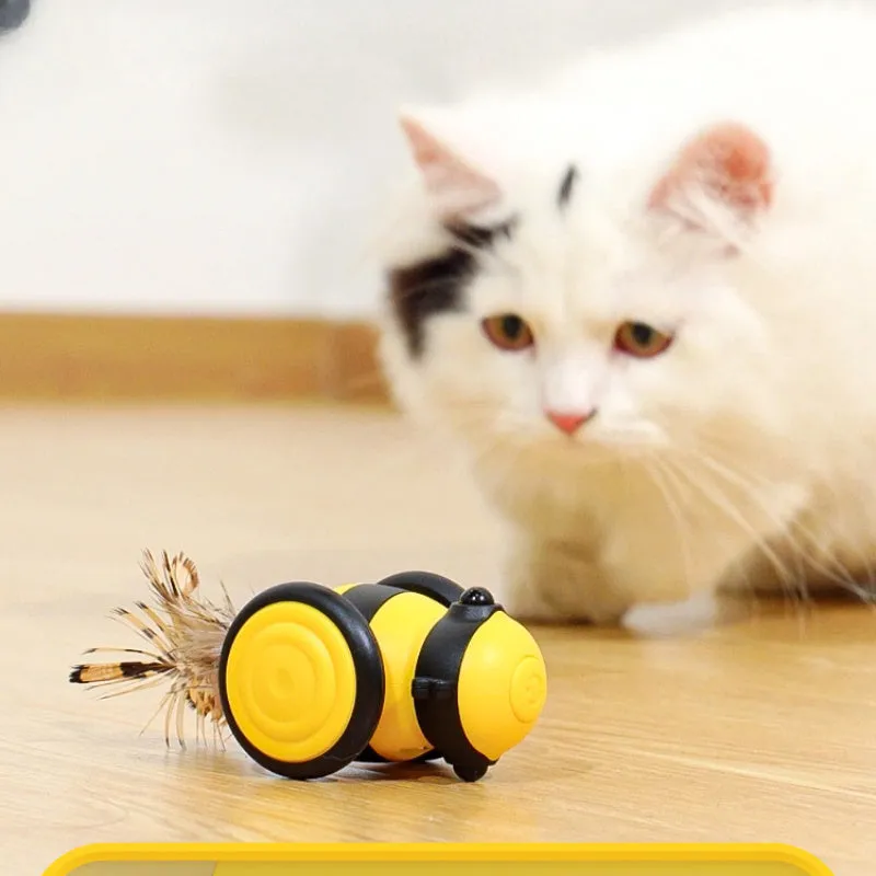 Electric cat toy with bee design on feather teaser wand showing automatic movement function