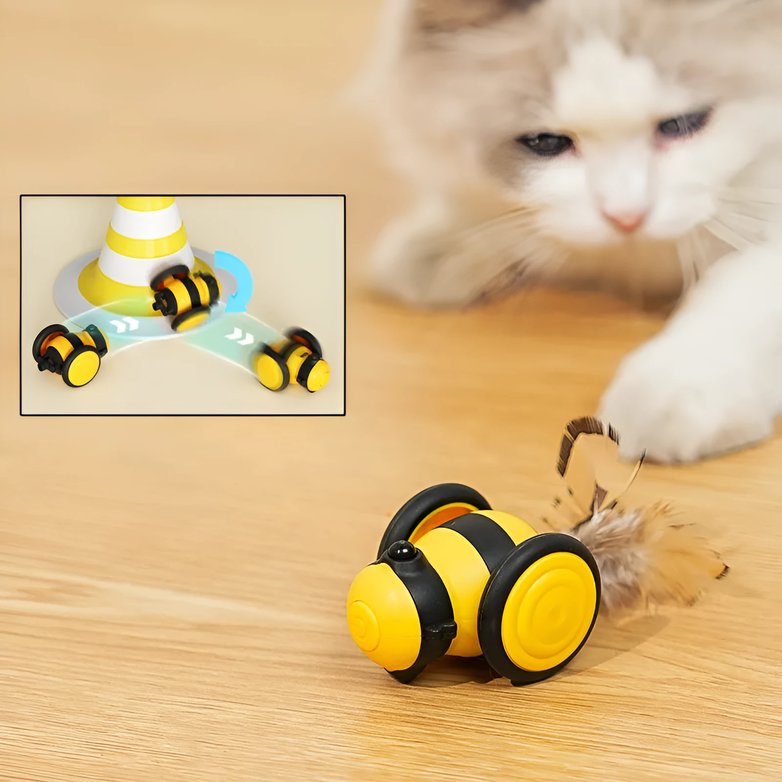 Electric cat toy with bee design on feather teaser wand showing automatic movement function