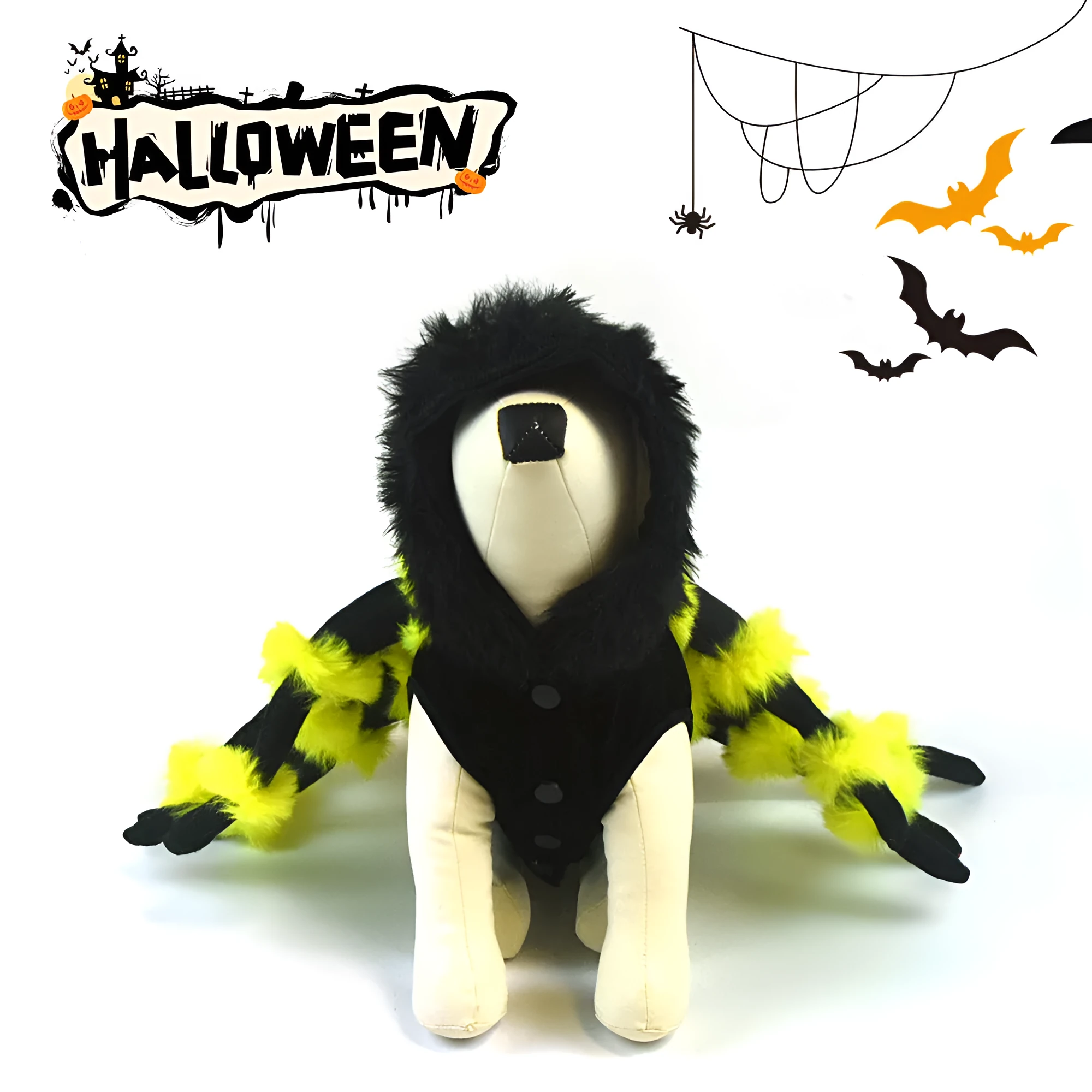 Spider-themed pet costume in polyester for dogs and cats sizes S to XXL