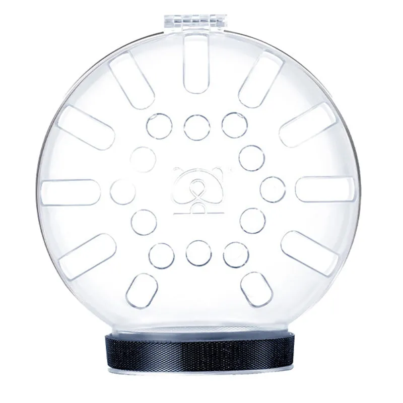 Transparent plastic cat muzzle hood with adjustable Velcro strap shown in three sizes.