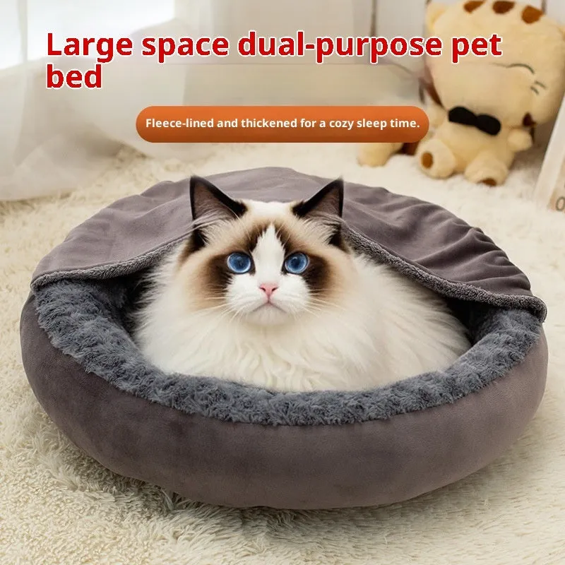 Round dark grey flannel pet cushion mat for cats, available in 50, 60, and 70cm diameter