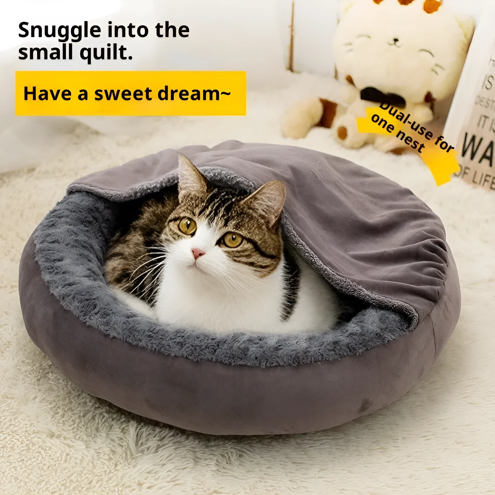 Round dark grey flannel pet cushion mat for cats, available in 50, 60, and 70cm diameter