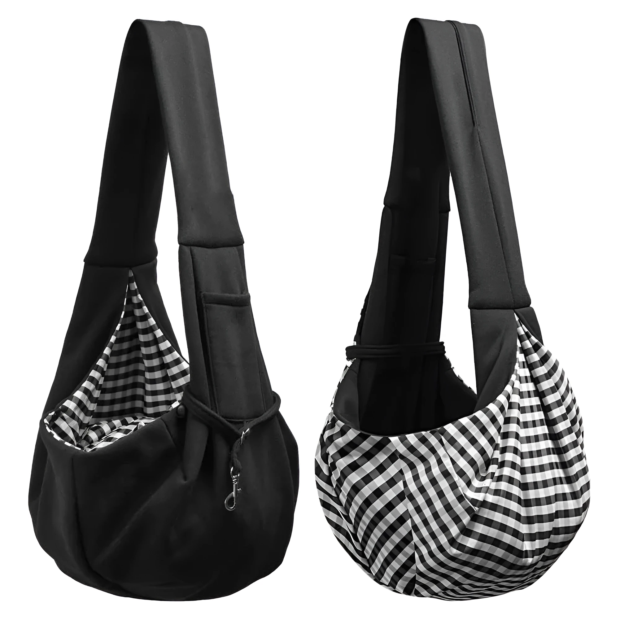 Fashion crossbody breathable folding pet bag in grey flannel with strap and zipper closure on plain background