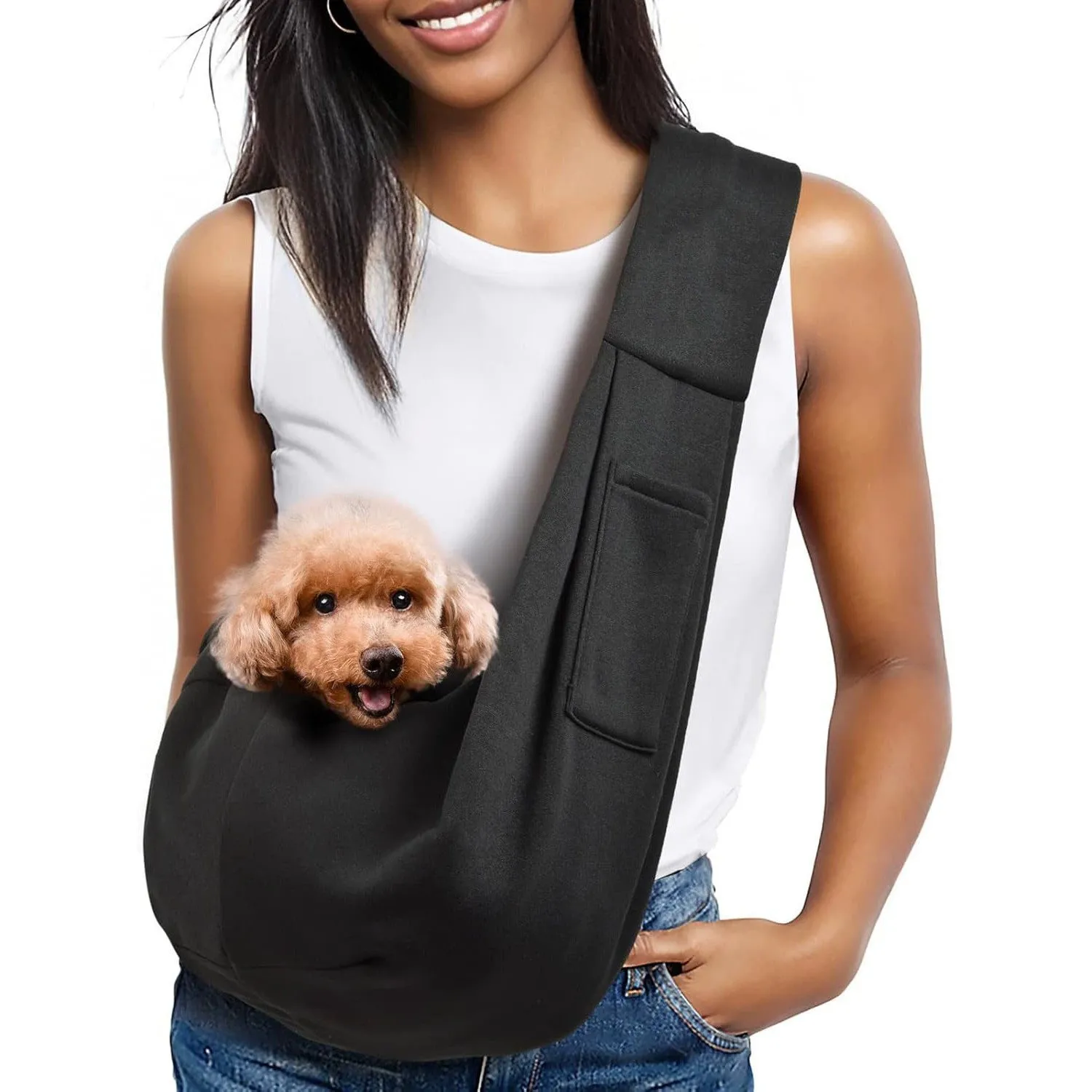 Fashion crossbody breathable folding pet bag in grey flannel with strap and zipper closure on plain background