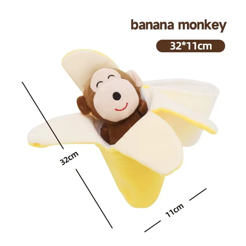 Interactive squeaky dog toy for puppies shaped as a banana monkey, made from non-toxic materials for small breed enrichment
