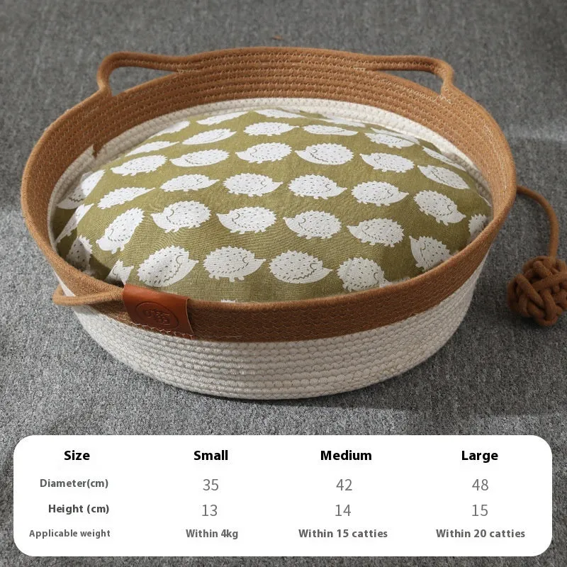 Woven cotton cat bed nest in grey, brown or green colours with optional cushion mat