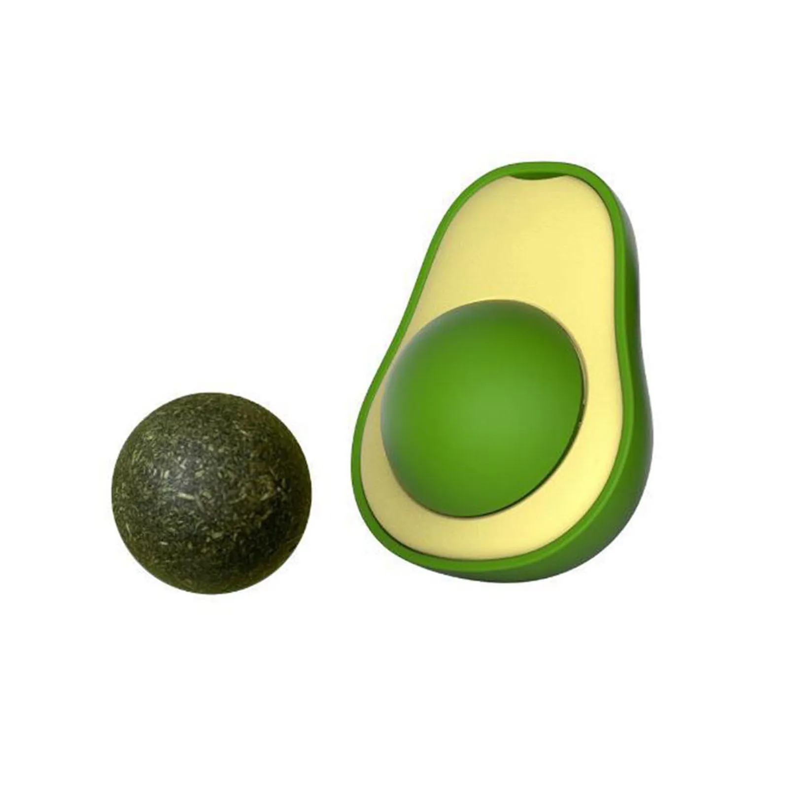 Avocado-shaped catnip wall toy attached to a smooth window with a silvervine ball for cat teeth cleaning
