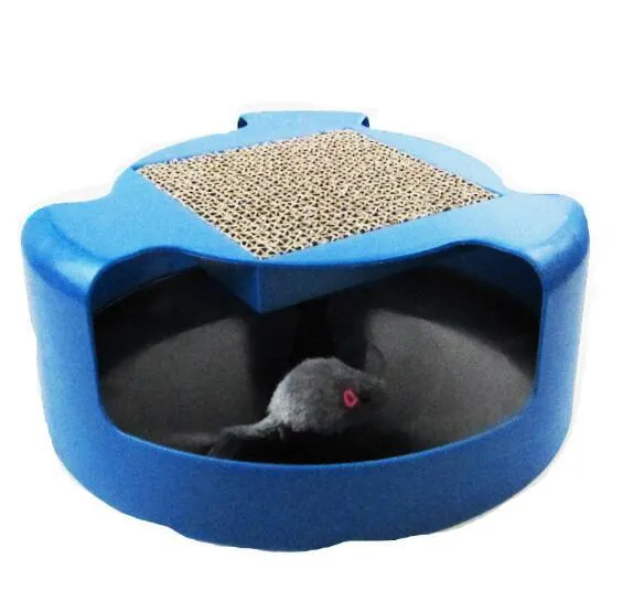 Blue rotating plastic cat toy with felt scratchpad on top standing on a floor