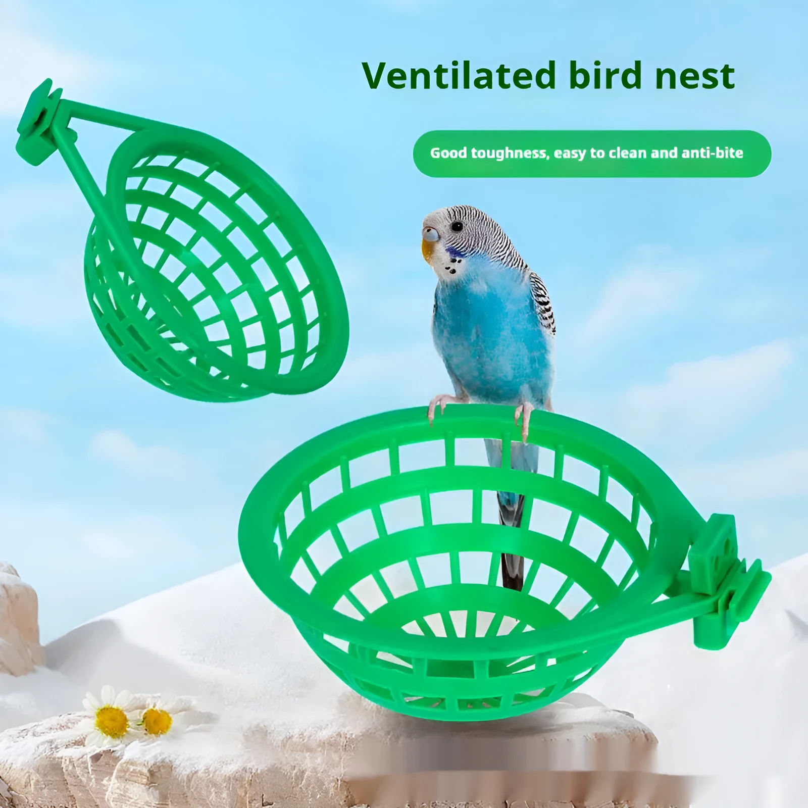 Plastic bird nest in green colour, split-proof design, easy clean surface for pet bird cages