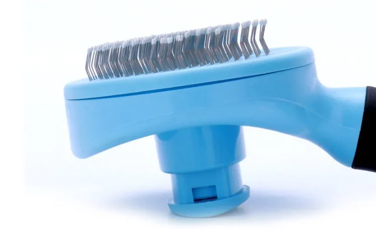 Double-sided steel needle pet grooming brush with plastic handle in blue and pink colours