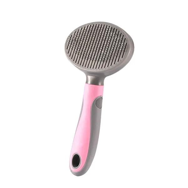 Double-sided steel needle pet grooming brush with plastic handle in blue and pink colours