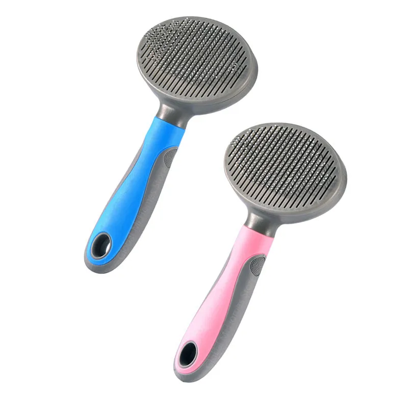 Double-sided steel needle pet grooming brush with plastic handle in blue and pink colours