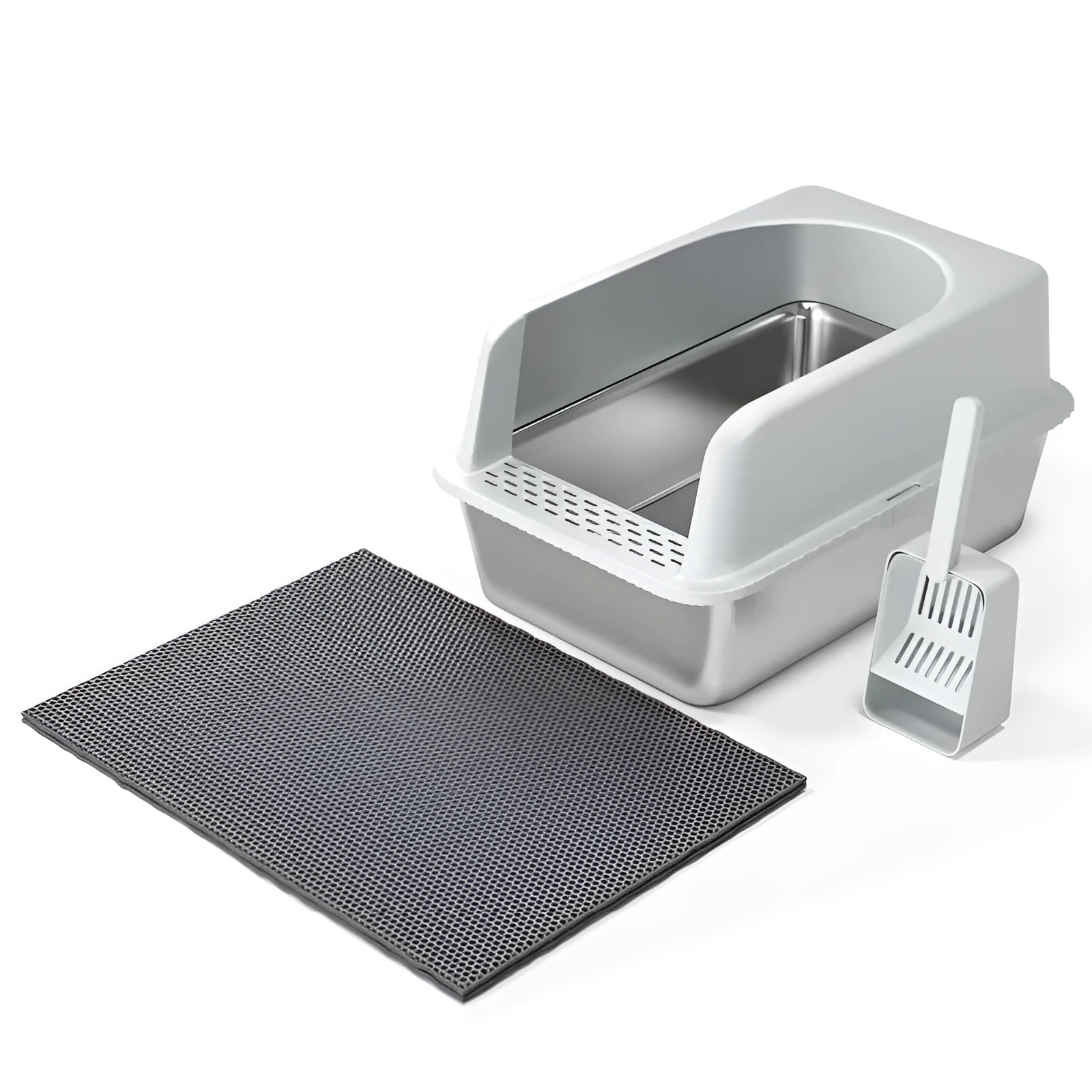 Dark gray stainless steel double-layer cat litter box with sand pad and scoop on a mat – medium size