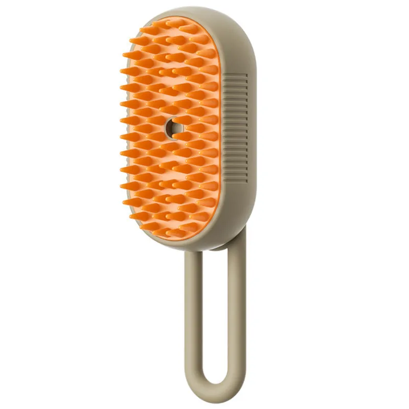 Dog grooming kit with spray bottle of wash-free essence and a coloured massage comb on a white background.