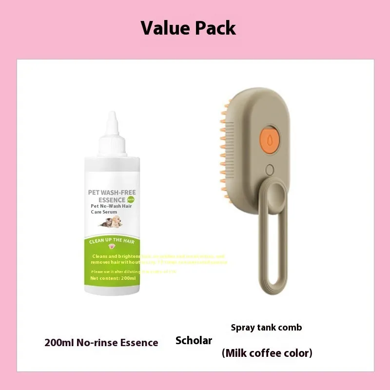 Dog grooming kit with spray bottle of wash-free essence and a coloured massage comb on a white background.