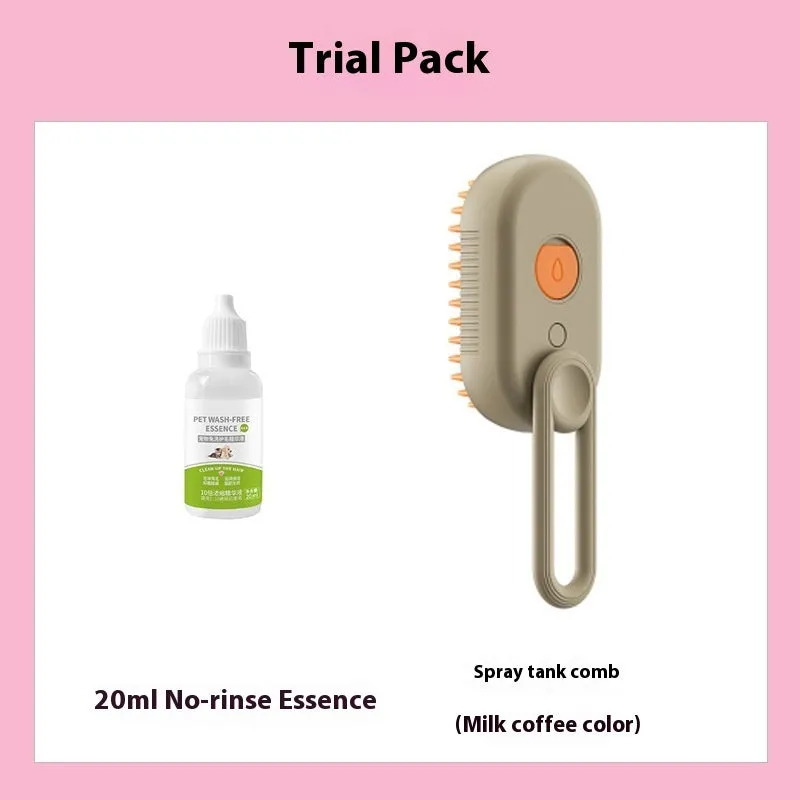 Dog grooming kit with spray bottle of wash-free essence and a coloured massage comb on a white background.