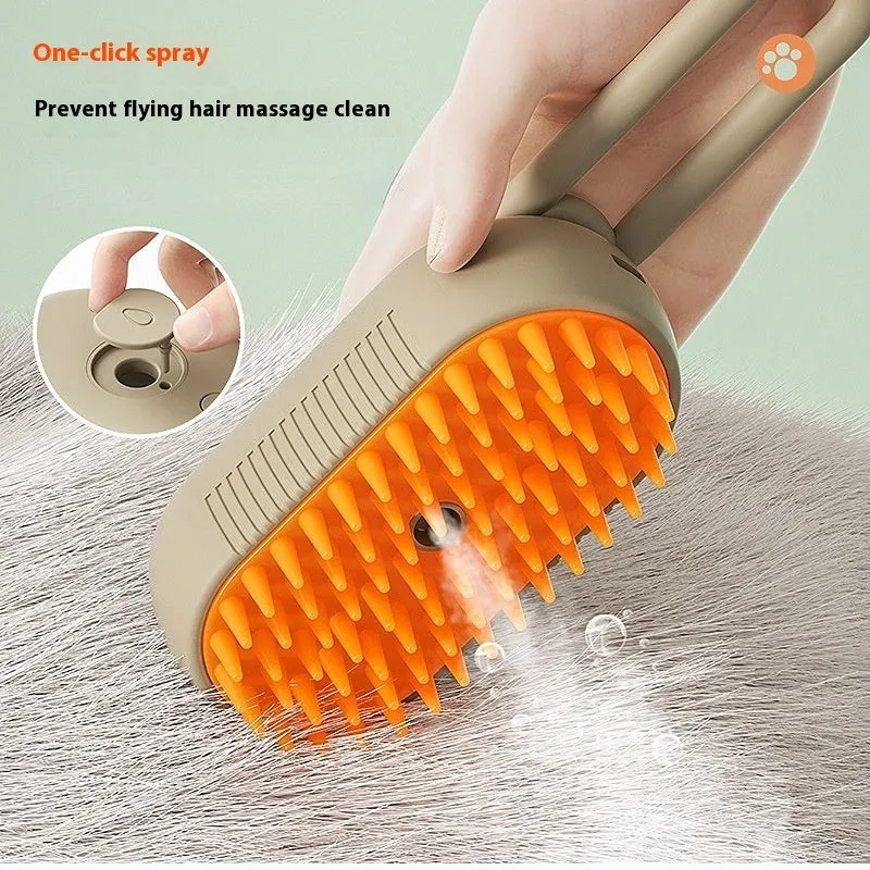 Dog grooming kit with spray bottle of wash-free essence and a coloured massage comb on a white background.