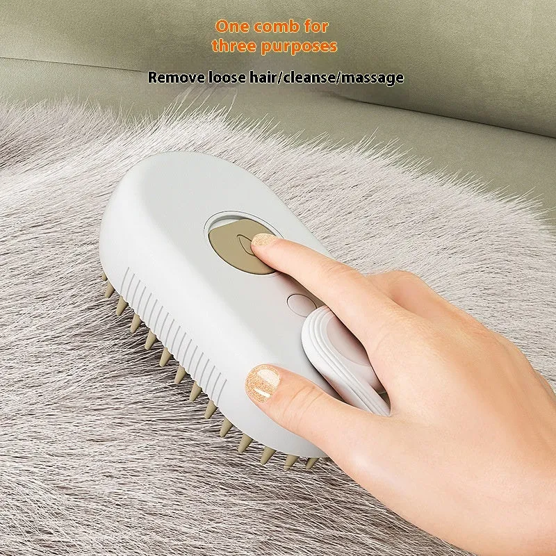 Dog grooming kit with spray bottle of wash-free essence and a coloured massage comb on a white background.
