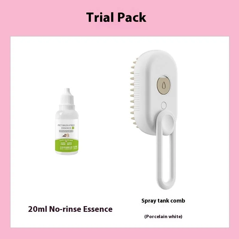 Dog grooming kit with spray bottle of wash-free essence and a coloured massage comb on a white background.