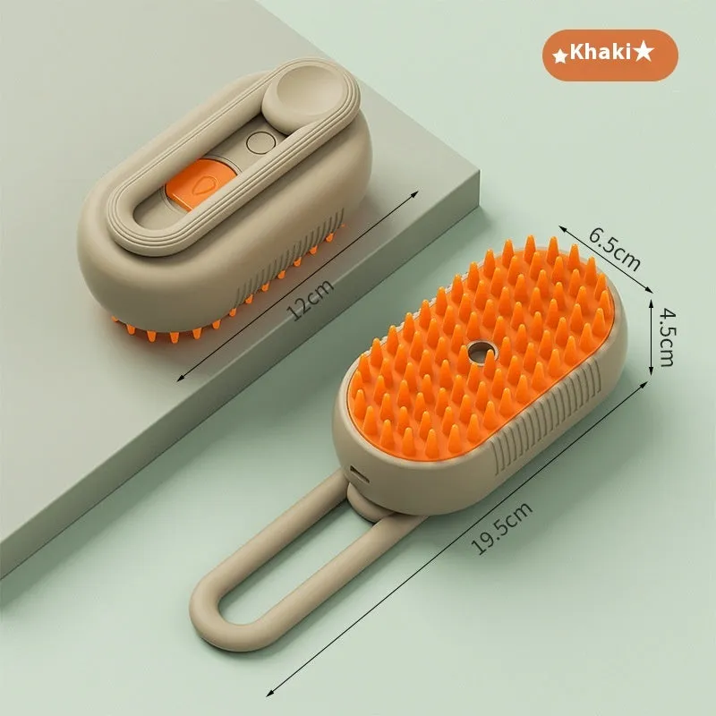 Dog grooming kit with spray bottle of wash-free essence and a coloured massage comb on a white background.