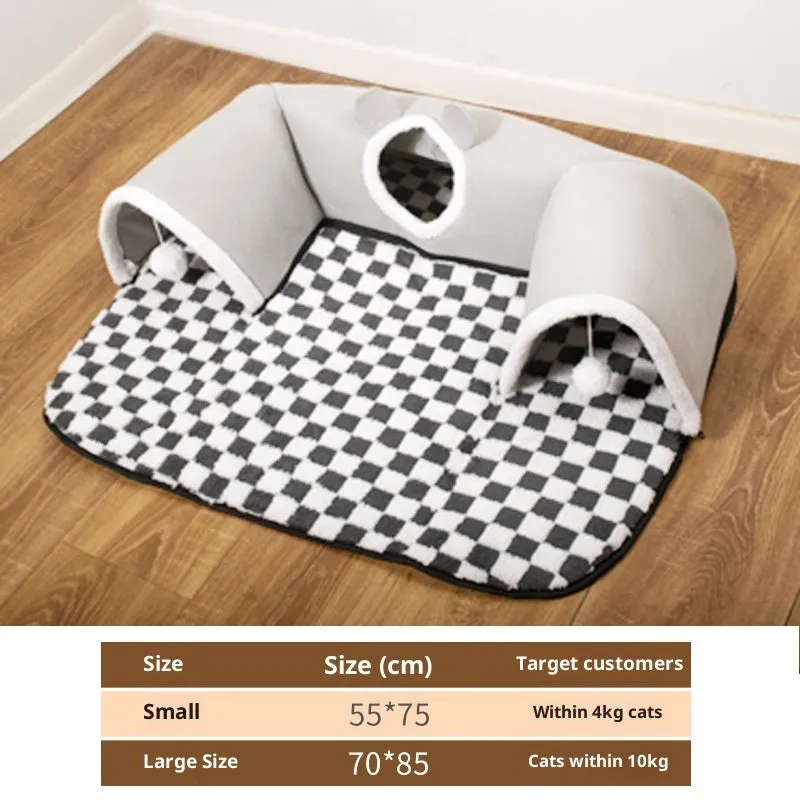 U-shaped cat tunnel channel rolling dragon bed in gray cloth with removable washable cover, large size