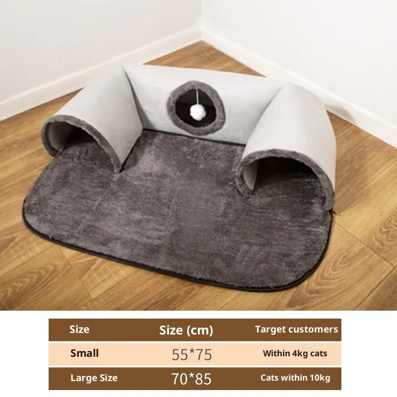 U-shaped cat tunnel channel rolling dragon bed in gray cloth with removable washable cover, large size