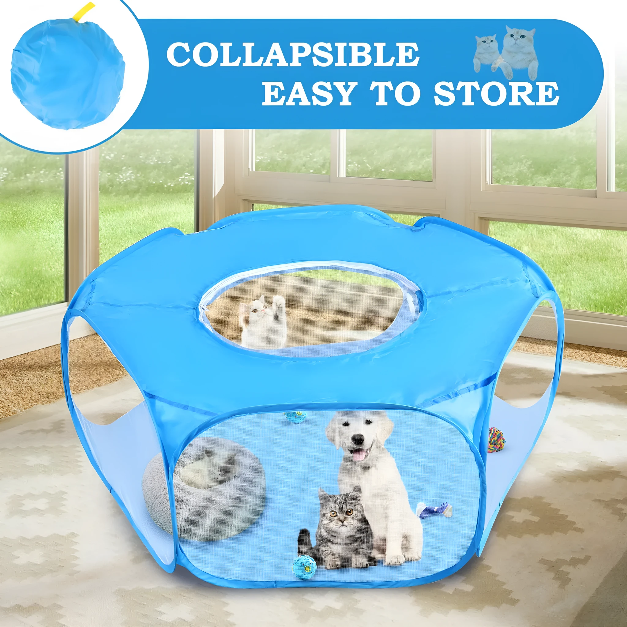 Foldable minipet fence in black and sky blue polyester fibre for indoor and outdoor dog exercise